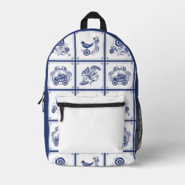 Classic Dutch Blue Delft Tile Floral & Bird Design Bedruckter Rucksack