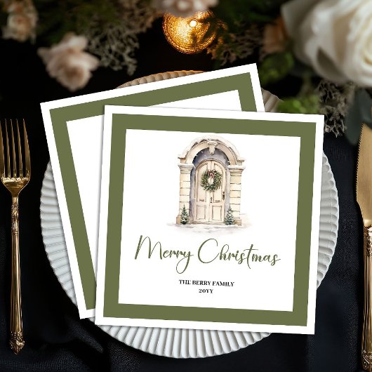 Classic Earth Tone Christmas Door Custom Name Serviette