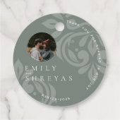 Classic Earthy Olive Damask Foto Hochzeit Geschenkanhänger (Rückseite)