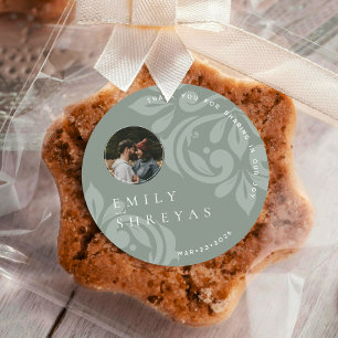 Classic Earthy Olive Damask Foto Wedding Runder Aufkleber