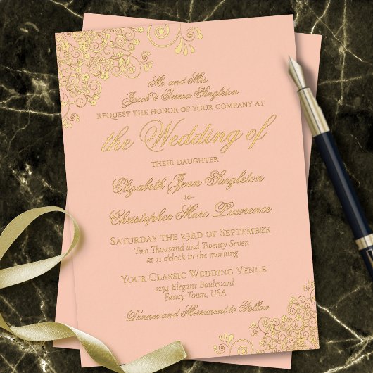 Classic Elegance Coral Peach Formal Wedding Gold Folieneinladung