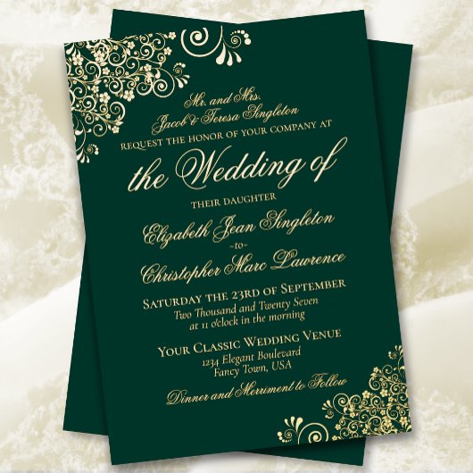 Classic Elegance Emerald Green Formal Wedding Gold Folieneinladung