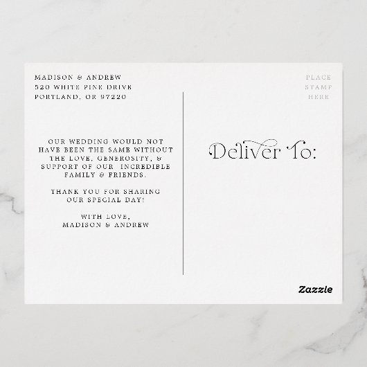 Classic Elegance Foil Foto Danke Postcard Folie Einladungspostkarte (Rückseite)