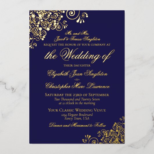 Classic Elegance Gold auf Navy Blue Formal Wedding Folieneinladung (Vorderseite)