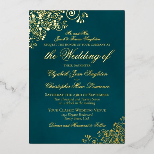 Classic Elegance Gold on Dark Teal Formal Wedding Folieneinladung (Vorderseite)