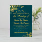 Classic Elegance Gold on Dark Teal Formal Wedding Folieneinladung (Stehend vorne)