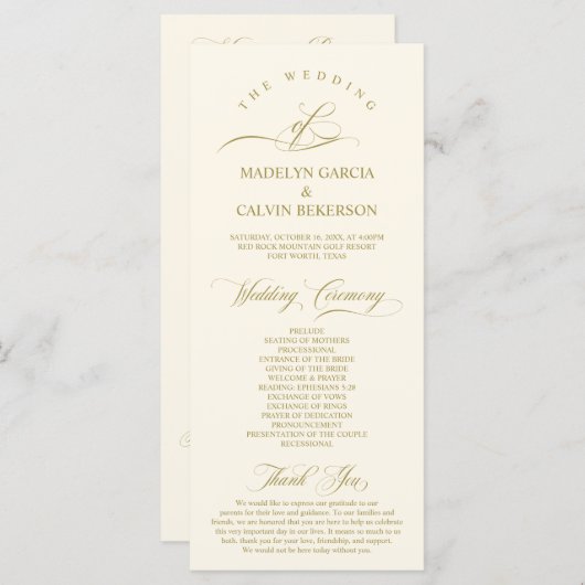 Classic Elegance Gold Script, Hochzeitsfeier Programm (Vorne/Hinten)