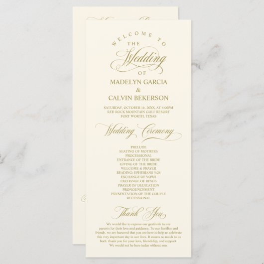 Classic Elegance Gold Script, Hochzeitsfeier Programm (Vorne/Hinten)