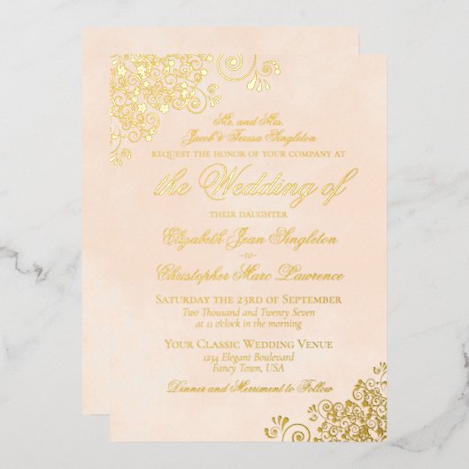 Classic Elegance Marbled Peach Formal Wedding Gold Folieneinladung (Vorderseite/Rückseite)