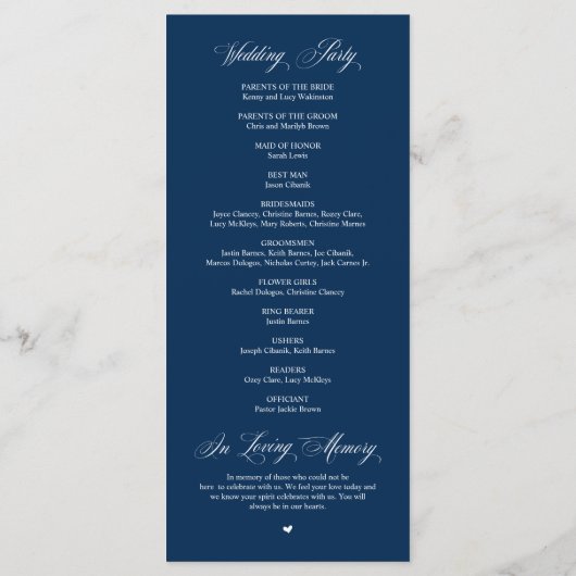 Classic Elegance Navy Blue, Hochzeitfeier Prog Programm (Rückseite)