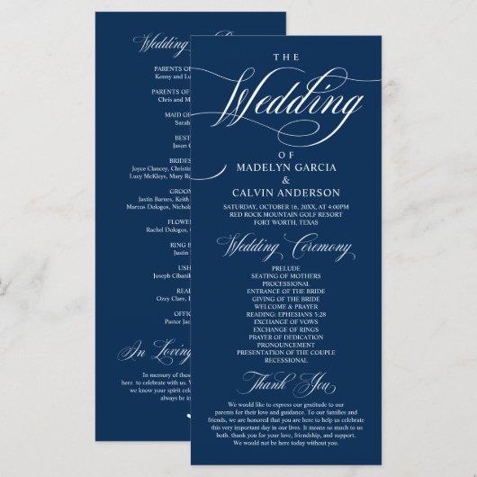 Classic Elegance Navy Blue, Hochzeitfeier Prog Programm (Vorne/Hinten)