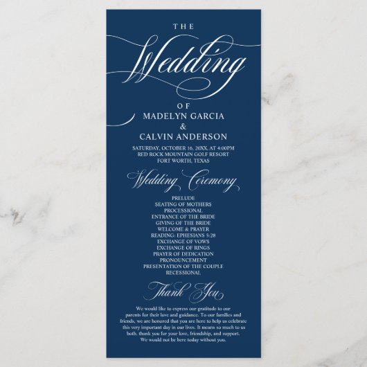 Classic Elegance Navy Blue, Hochzeitfeier Prog Programm (Vorderseite)
