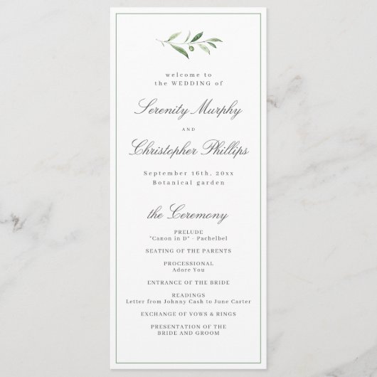 Classic Elegance Script Greenerity Wedding Program Menükarte (Vorderseite)