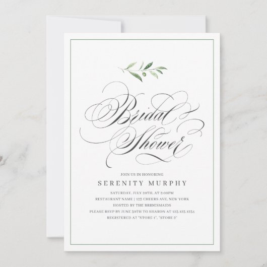 Classic Elegance Script Greenery Brautparty Einladung (Vorderseite)