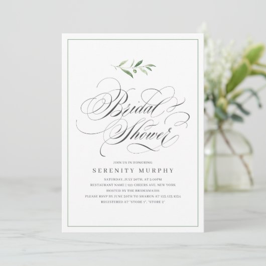Classic Elegance Script Greenery Brautparty Einladung (Stehend Vorderseite)