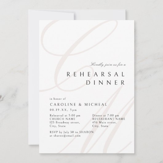 Classic Elegance Script Monogram Probe Dinner Einladung (Vorderseite)