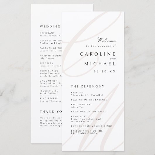 Classic Elegance Script Monogram Wedding Program Menükarte (Vorne/Hinten)