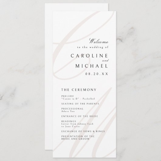 Classic Elegance Script Monogram Wedding Program Menükarte (Vorne/Hinten)