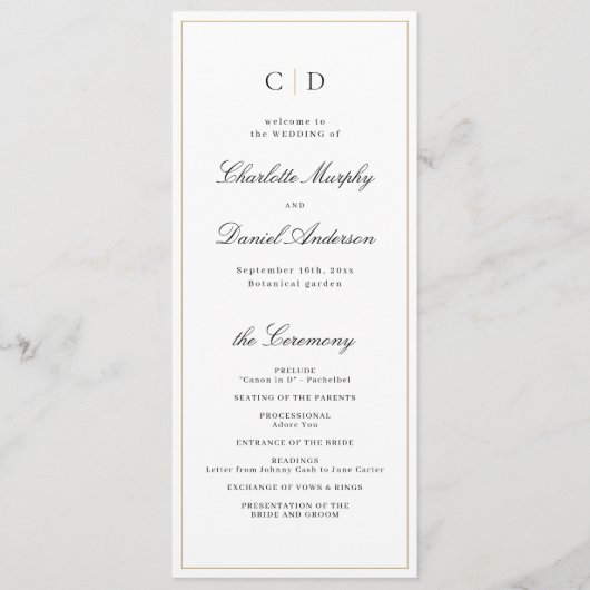 Classic Elegance Script Monogram Wedding Program Menükarte (Vorderseite)