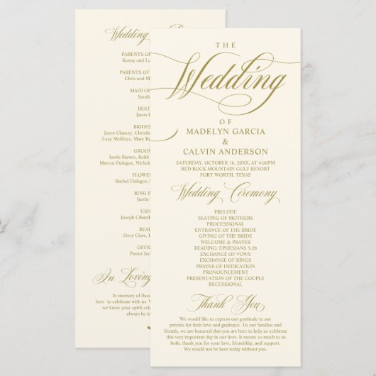 Classic Elegance Vintag Gold, Hochzeitsfeier Programm (Vorne/Hinten)