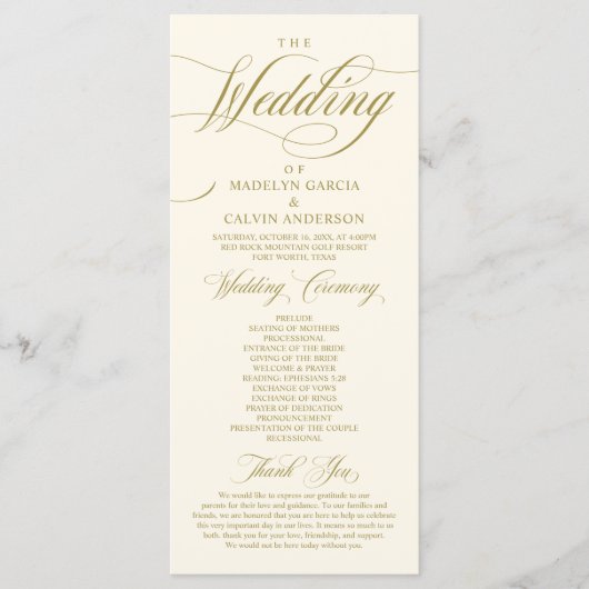 Classic Elegance Vintag Gold, Hochzeitsfeier Programm (Vorderseite)