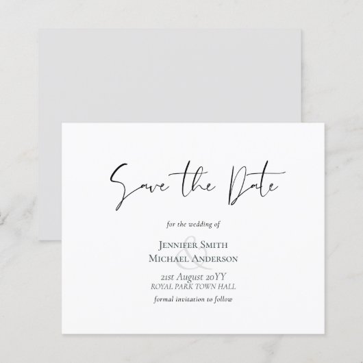 Classic Elegance White Script Save the Date Budget (Vorne/Hinten)
