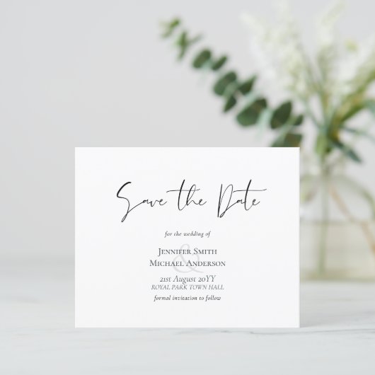 Classic Elegance White Script Save the Date Budget (Stehend Vorderseite)