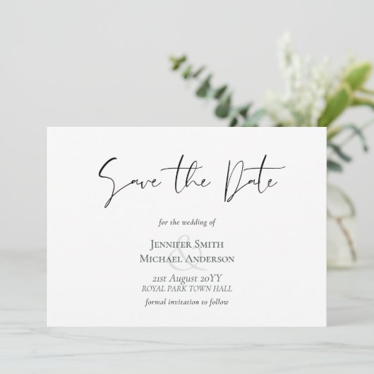 Classic Elegance White Script Save the Date Budget (Stehend Vorderseite)