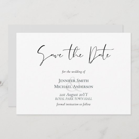 Classic Elegance White Script Save the Date Budget (Vorne/Hinten)