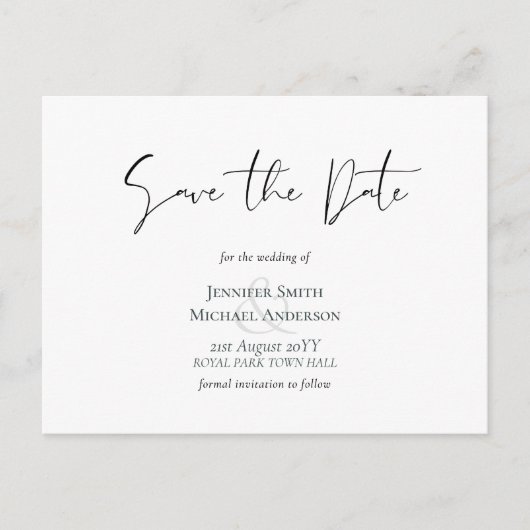 Classic Elegance White Script Save the Date Budget Postkarte (Vorderseite)