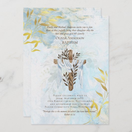 Classic Elegant BAPTISM Einladung Aqua Blue Gold (Vorne/Hinten)