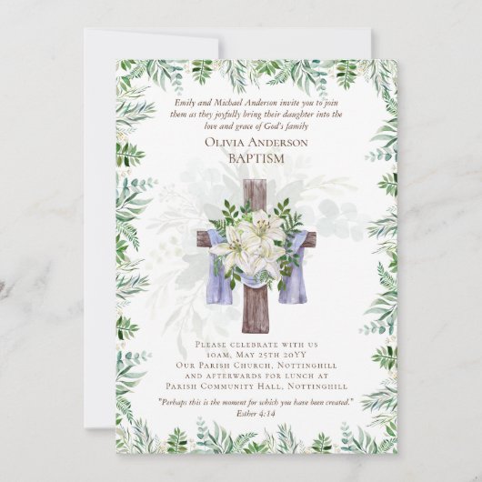Classic Elegant BAPTISM Einladung Greenery Lilys (Vorderseite)