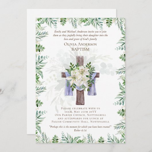 Classic Elegant BAPTISM Einladung Greenery Lilys (Vorne/Hinten)