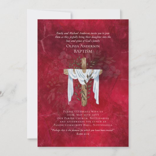 Classic Elegant BAPTISM Einladung Ruby Red (Vorderseite)
