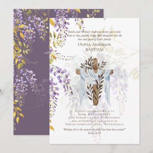 Classic Elegant BAPTISM Einladung Wisteria Lila (Vorne/Hinten)