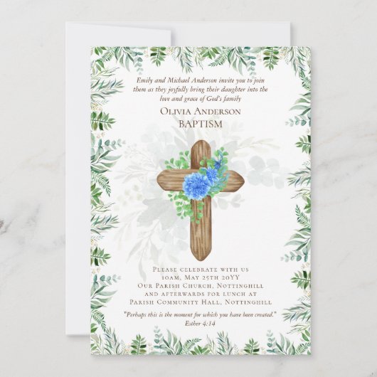 Classic Elegant BAPTISM Invite Blue Chrysanthamum (Vorderseite)