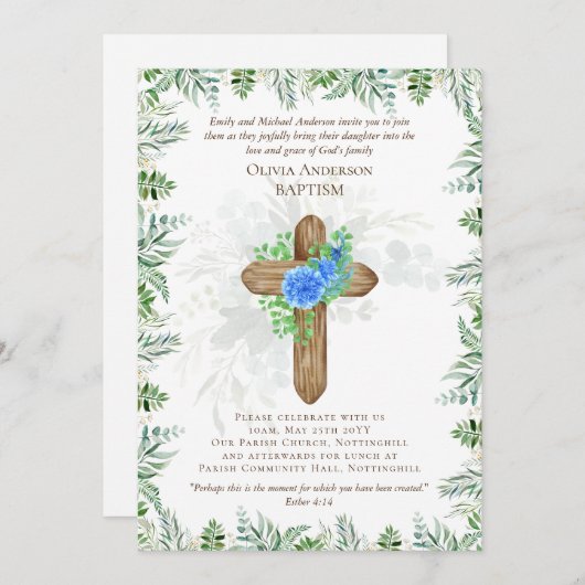 Classic Elegant BAPTISM Invite Blue Chrysanthamum (Vorne/Hinten)