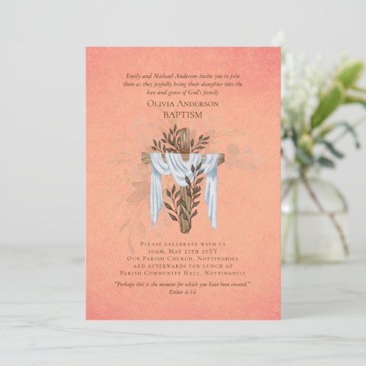 Classic Elegant BAPTISM Invite Coral (Stehend Vorderseite)