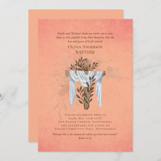 Classic Elegant BAPTISM Invite Coral (Vorne/Hinten)
