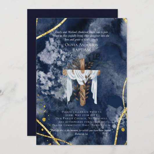 Classic Elegant BAPTISM Invite Navy Blue Gold (Vorne/Hinten)