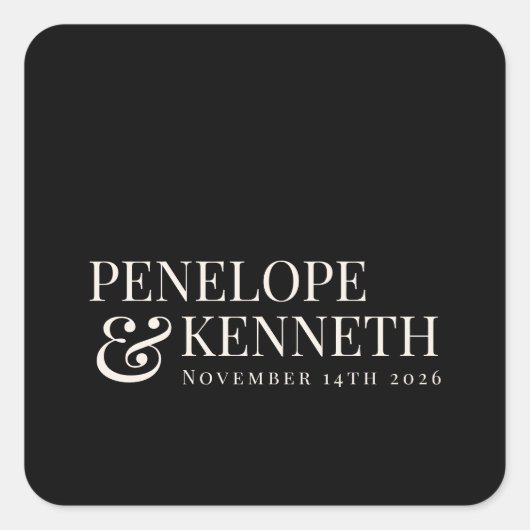 Classic Elegant Black Ivory Custom Wedding Names Quadratischer Aufkleber (Vorderseite)