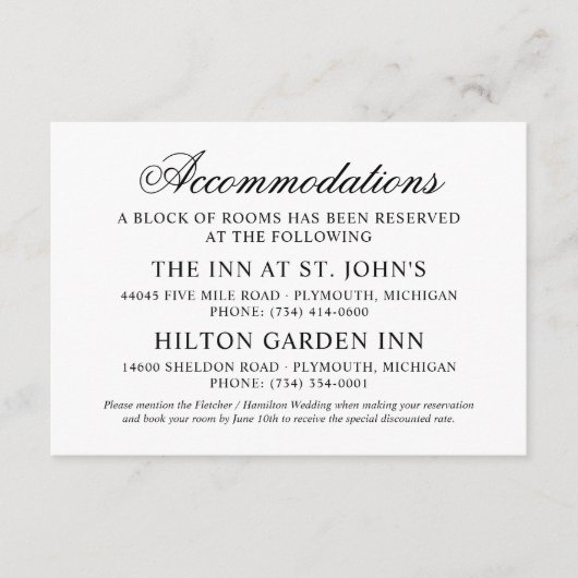 Classic Elegant Black Wedding Unterkünfte Begleitkarte (Vorderseite)