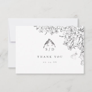 Classic Elegant Black White Floral Wedding  Dankeskarte