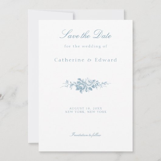 Classic Elegant Blau und Weiß Blumen Save The Date (Vorderseite)