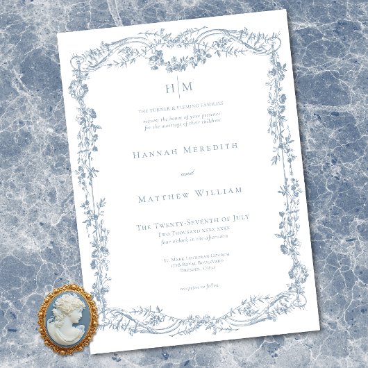 Classic Elegant Blue Delicate Floral Frame Wedding Einladung