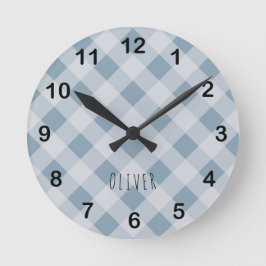 Classic Elegant Blue Gingham Plaid & Custom Name  Runde Wanduhr