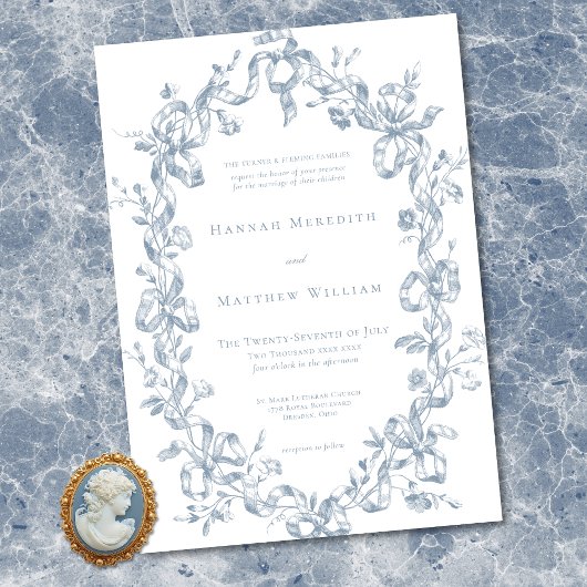 Classic Elegant Blue Oval Ribbon Frame Wedding Einladung