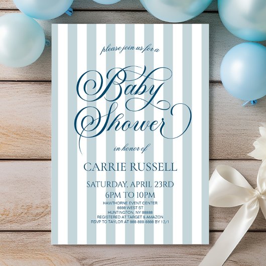 Classic Elegant Blue Stripes Boy Baby Shower Einladung