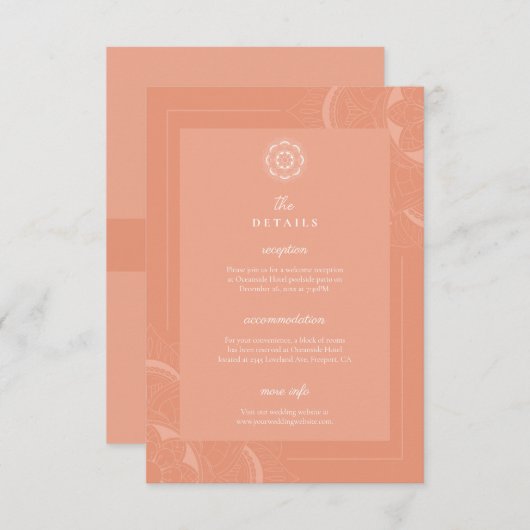 Classic Elegant Boho Mandala Coral Wedding Details Begleitkarte (Vorne/Hinten)