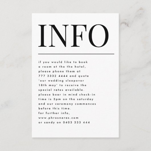 Classic Elegant Bold Big INFO Wedding Details Begleitkarte (Vorderseite)